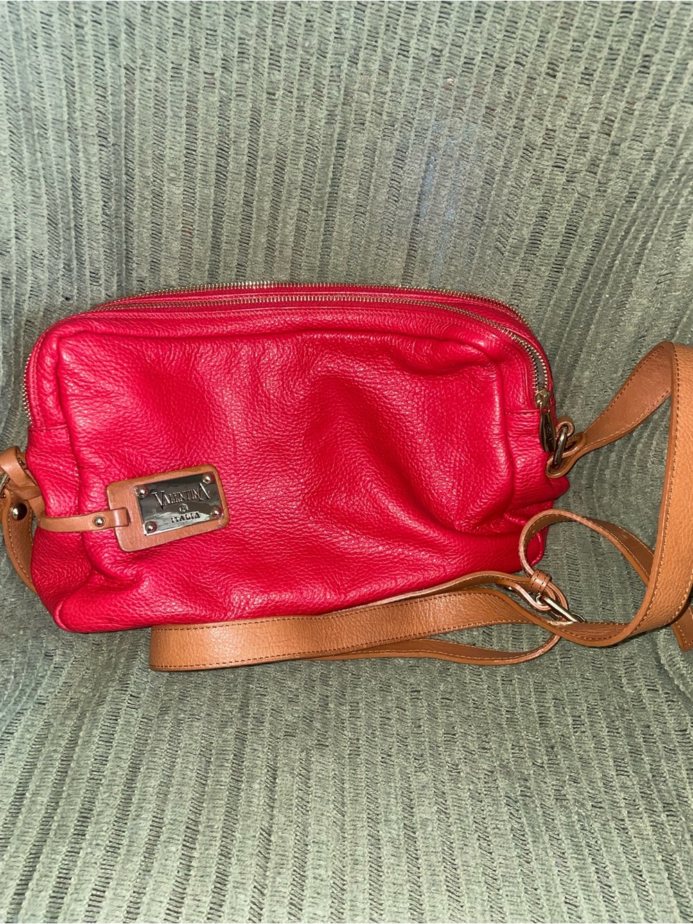 Valentina Red Leather Crossbody Bag with Tan Strap and Branded Plaque